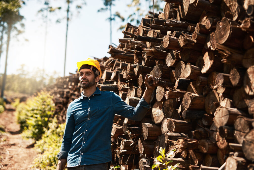 Cropped shot of a lumberjack standing in front of a pile of wood