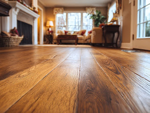 Close-up of hardwood floor in sunlit living room with fireplace, mantel, cream sofa, and window in the background.